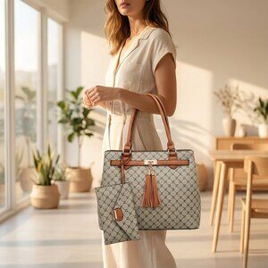 *2-Piece Shoulder Bag  – Green/Gray – Brown‎ Trim Detachable Crossbody Strap